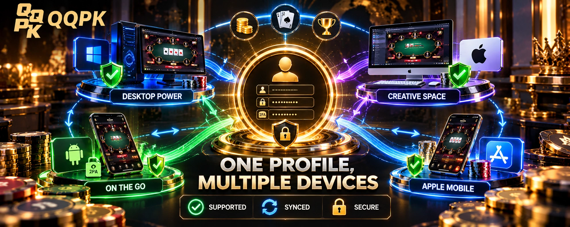 QQPoker account synchronization across Windows, Mac, Android and iOS with shared login, balance, game history and secure access.