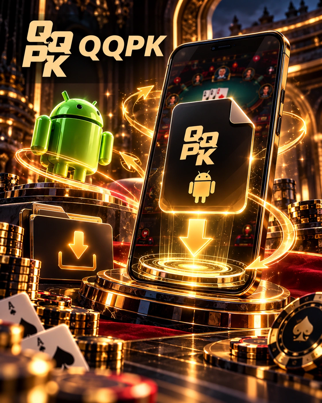 QQPoker APK download with an Android smartphone, installation file, download icon and secure poker environment.