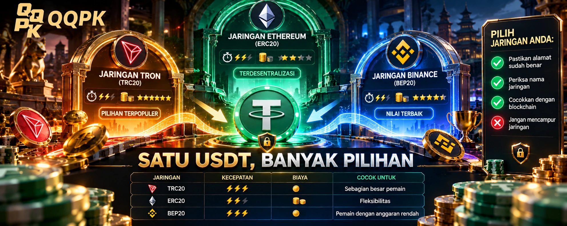 QQPoker di Indonesia dengan pilihan jaringan USDT TRC20, ERC20, dan BEP20, termasuk informasi kecepatan, biaya, serta panduan memilih jaringan yang tepat.
