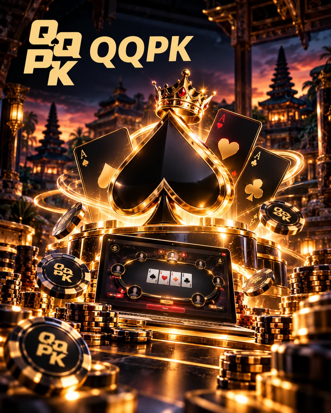 QQPoker di Indonesia dengan simbol sekop emas, kartu poker, chip dan suasana kasino premium.