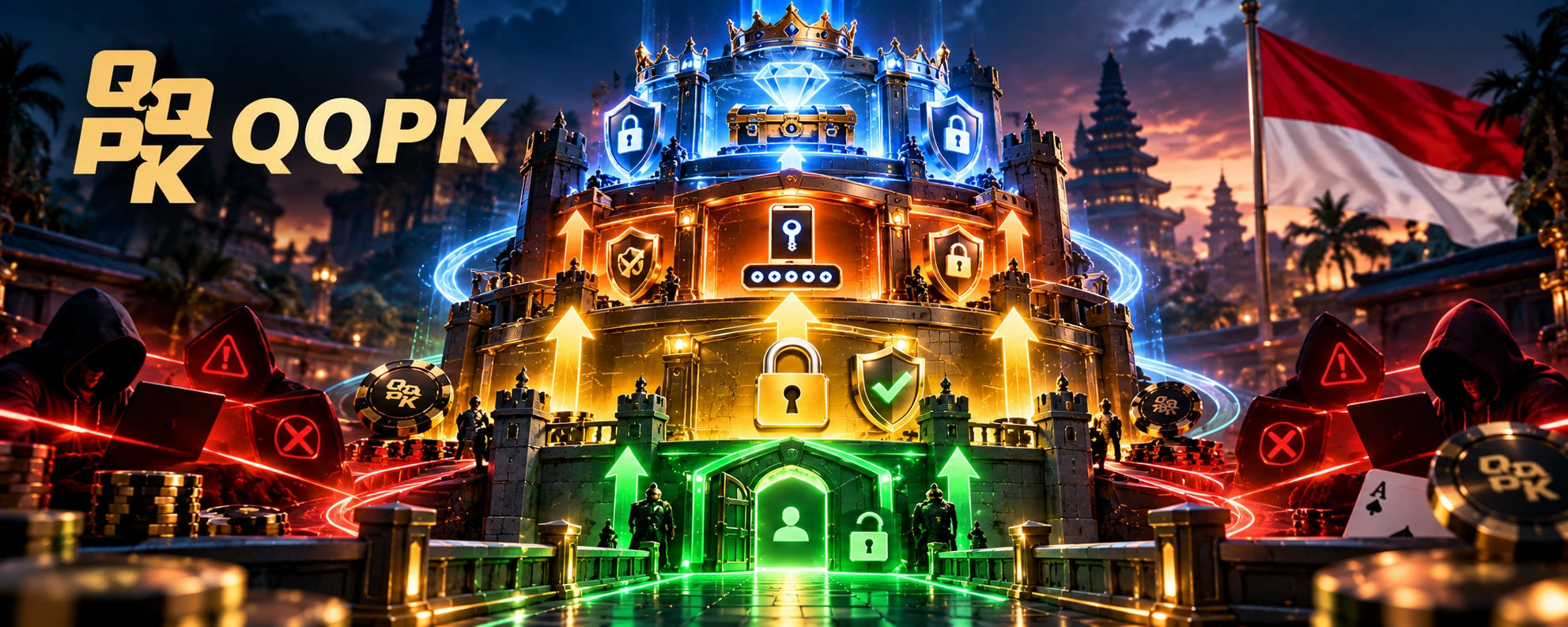 QQPoker di Indonesia - menara keamanan akun dengan perlindungan login, kata sandi, autentikasi dua faktor, dan akun terlindungi.