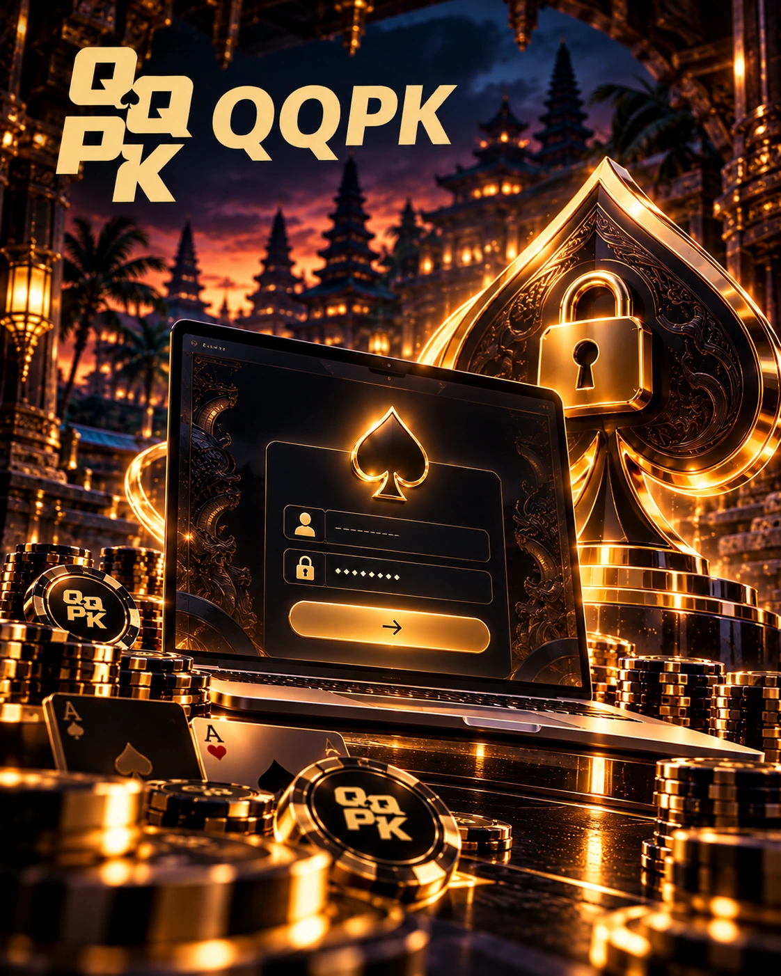 QQPoker di Indonesia - login akun aman dengan perlindungan kata sandi, kunci digital, dan simbol poker.