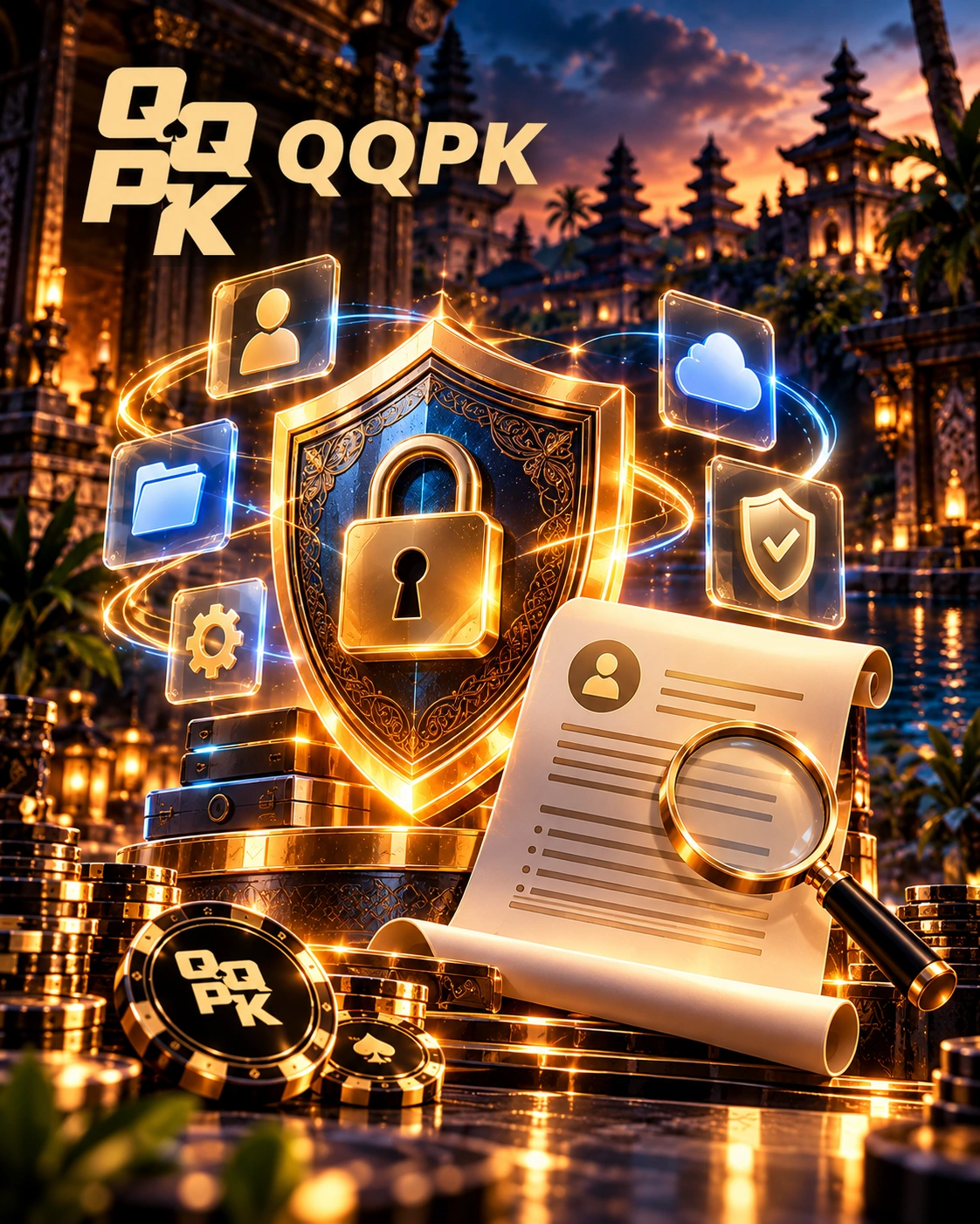 QQPoker privacy protection with a security shield, padlock, personal data document and secure data controls.