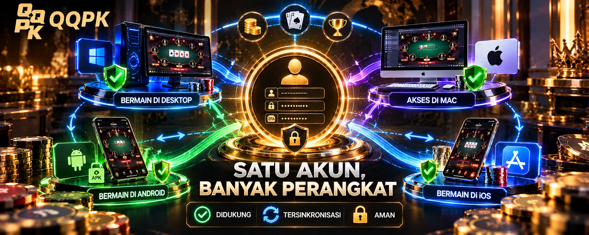 QQPoker di Indonesia - satu akun yang tersinkronisasi di desktop, Mac, Android, dan iOS dengan login aman, saldo, permainan, dan pengaturan yang tersedia di berbagai perangkat.