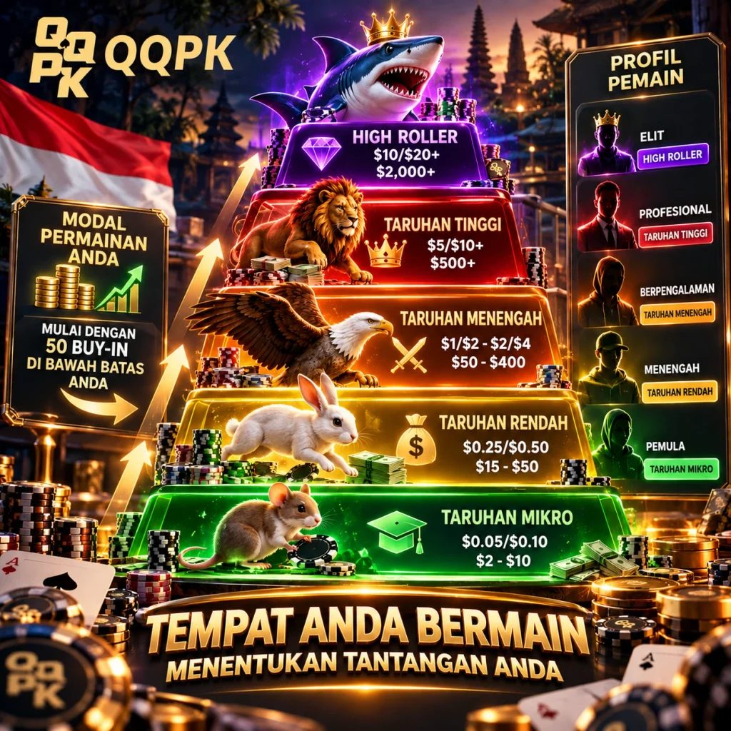 QQPoker di Indonesia - piramida taruhan dari taruhan mikro hingga high roller dengan level pemain dan kebutuhan bankroll yang berbeda.